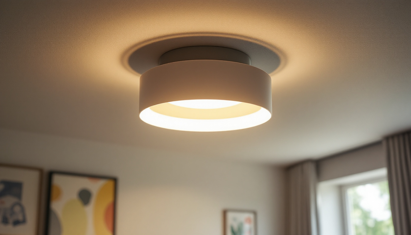 A photograph of a modern ceiling light fixture in a well-lit room