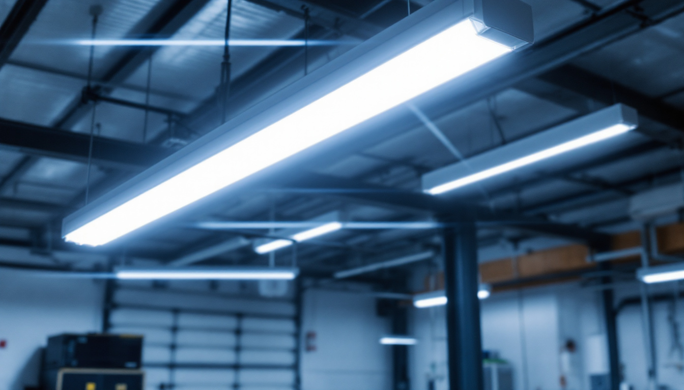 A photograph of a well-lit workspace or industrial setting featuring an 8-foot fluorescent light fixture
