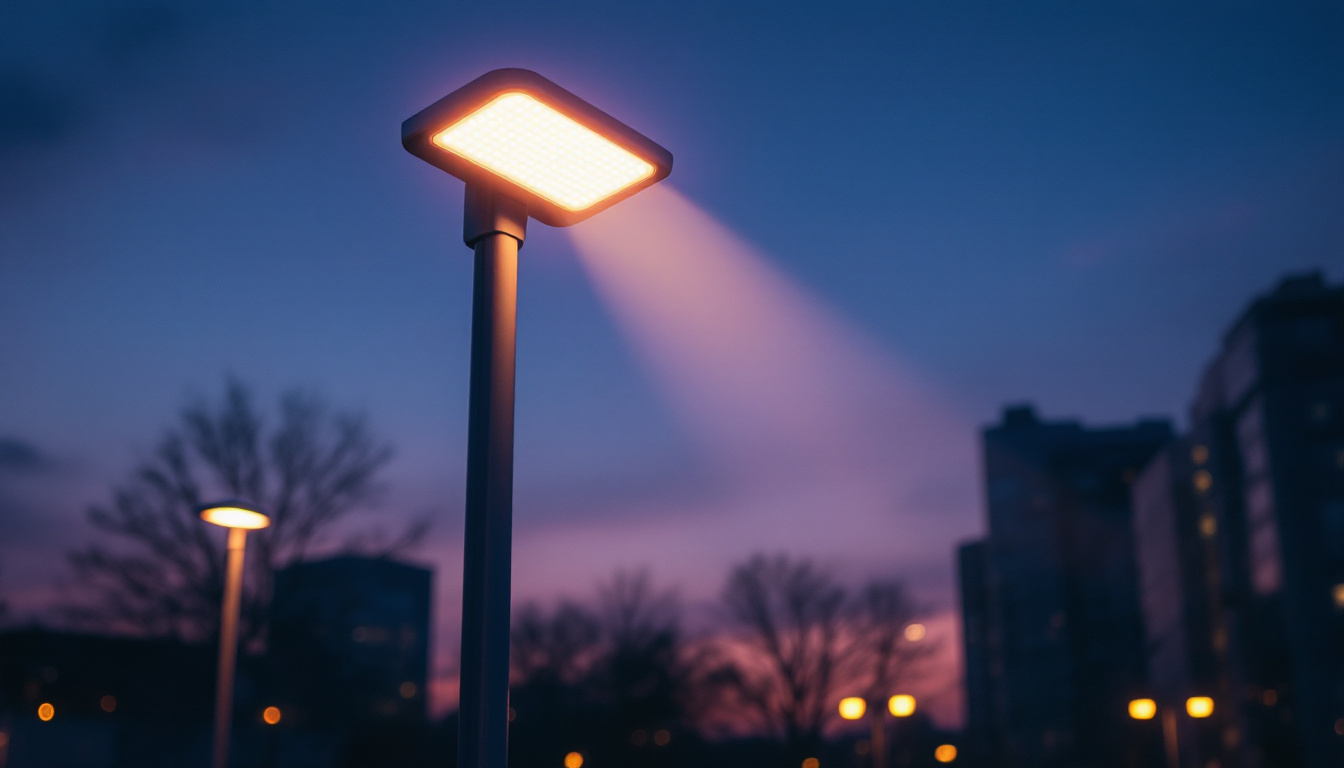 A photograph of a sleek led light mounted on a tall pole in an urban setting at dusk