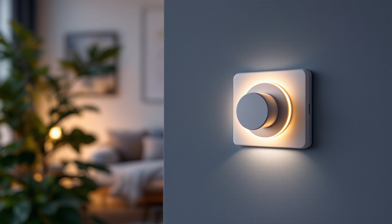 A photograph of a stylishly designed dimmer switch in a modern home setting
