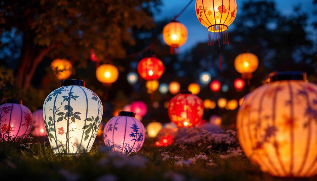 A photograph of a beautifully lit outdoor scene featuring solar-powered chinese lanterns in various colors and designs