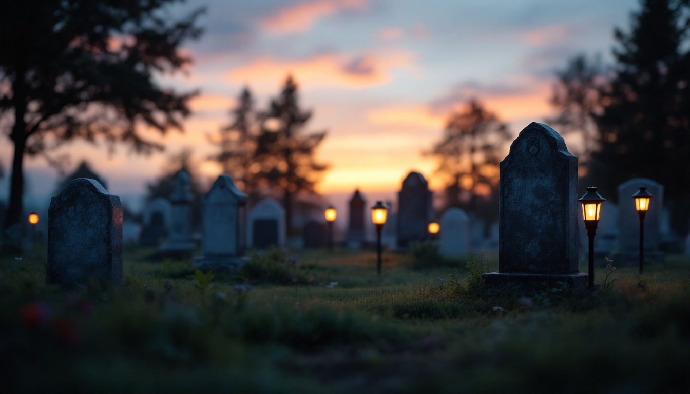 A photograph of a serene cemetery scene at dusk