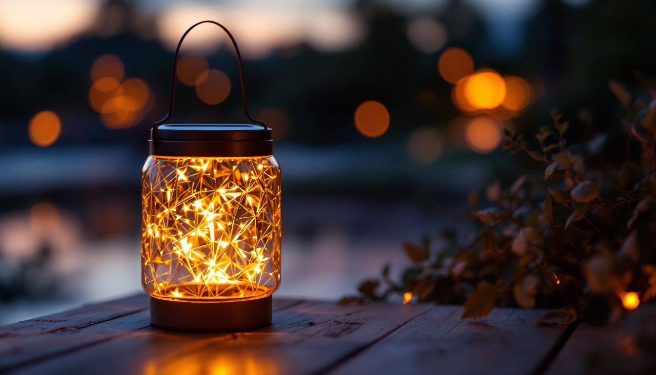A photograph of a beautifully designed glass solar lantern illuminated at dusk