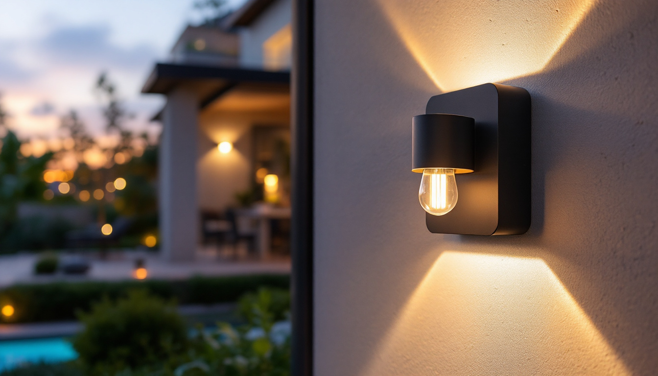 A photograph of a beautifully designed wall mount outdoor light fixture installed in a stylish outdoor setting