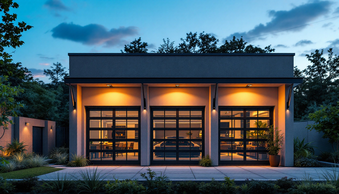A photograph of capture a photograph of a beautifully illuminated outdoor garage space at dusk