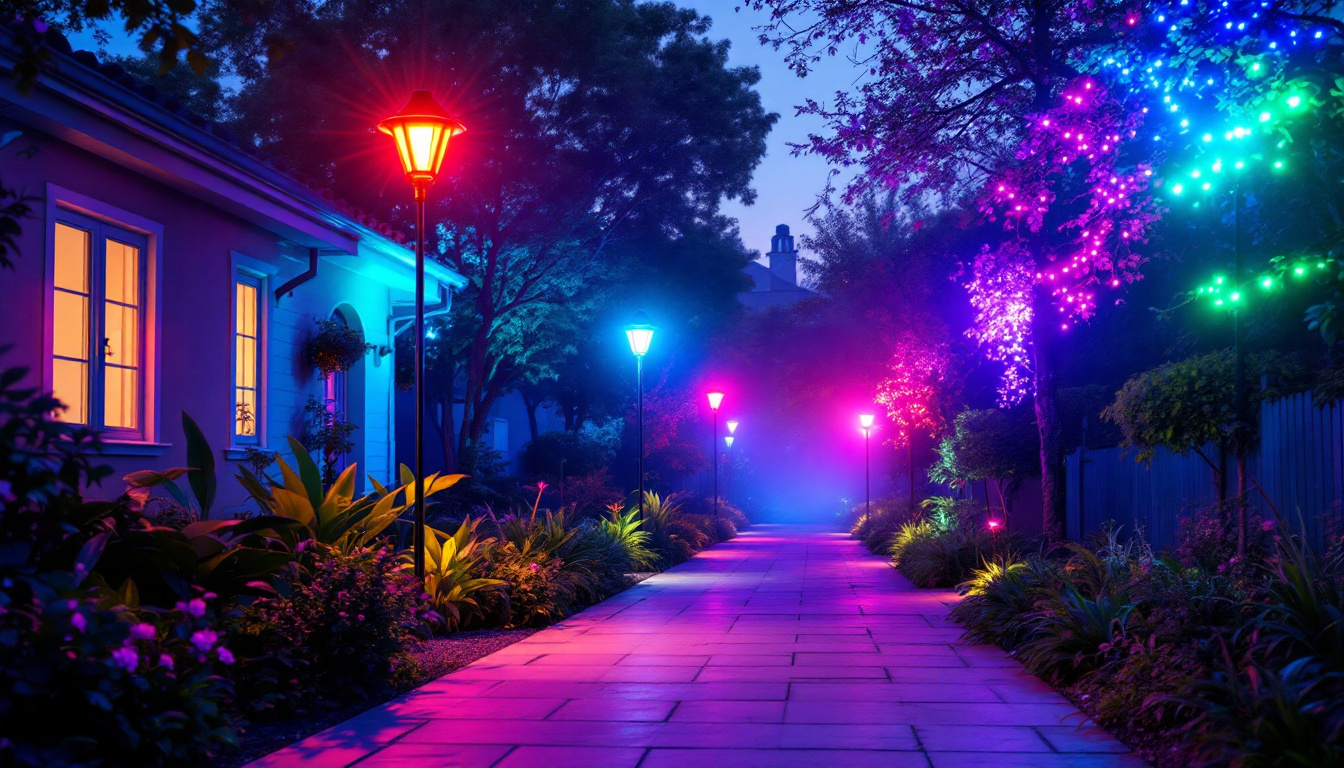 A photograph of a vibrant outdoor scene illuminated by colored led flood lights