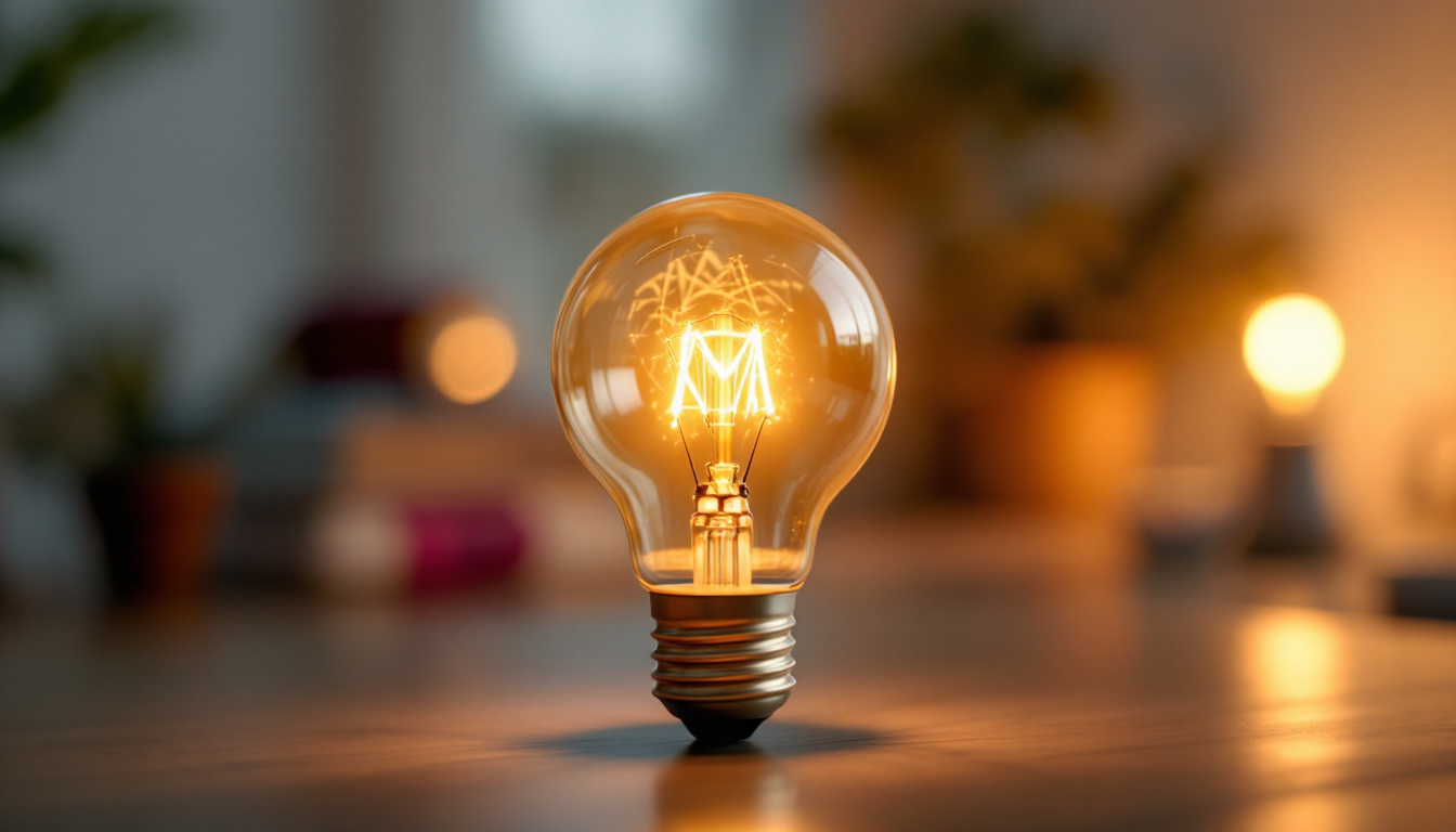 A photograph of a type a lightbulb illuminated in a cozy indoor setting