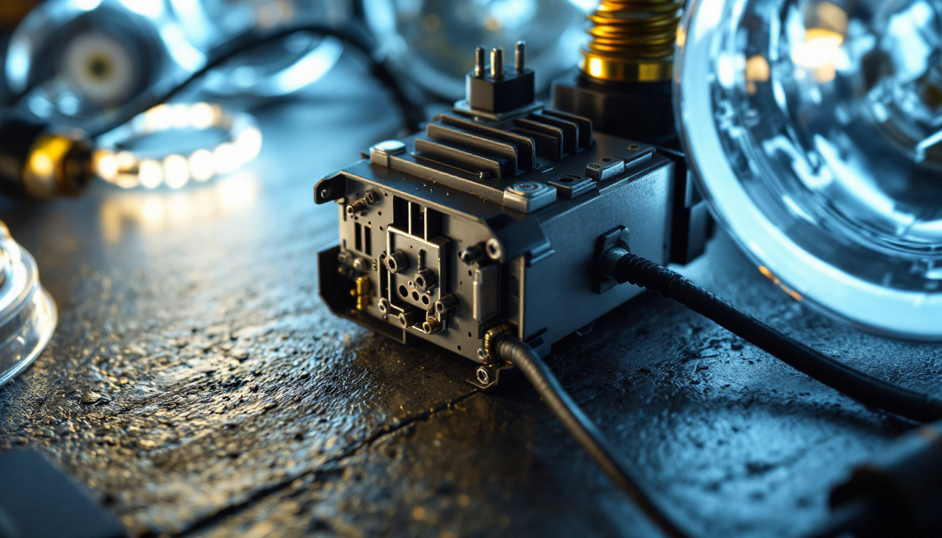 A photograph of a close-up shot of a lamp ballast alongside various lighting fixtures