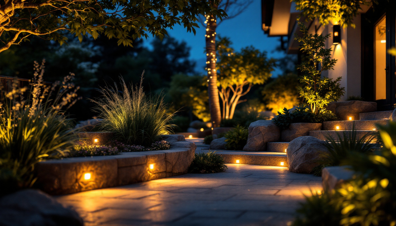 A photograph of a beautifully illuminated outdoor space featuring solar light strips creatively integrated into landscaping or architectural elements