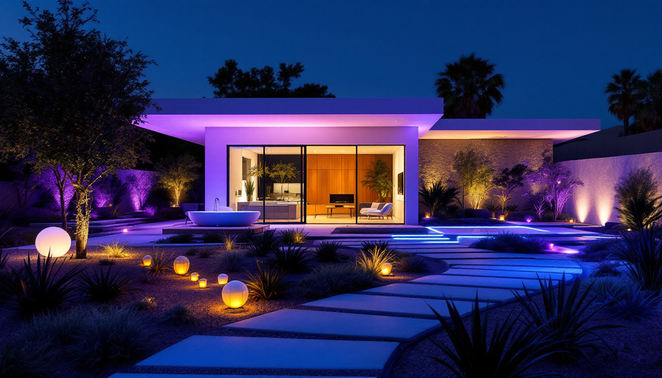 A photograph of a modern california landscape illuminated by innovative led lighting solutions