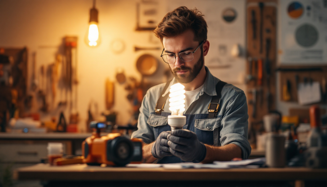 A photograph of a skilled electrical engineer examining a cfl light ballast in a workshop setting
