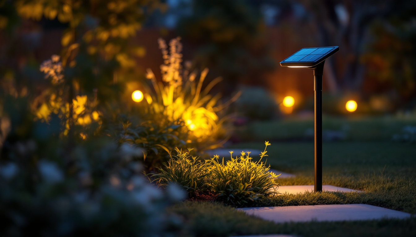 A photograph of a beautifully designed backyard solar light illuminating a garden scene at dusk