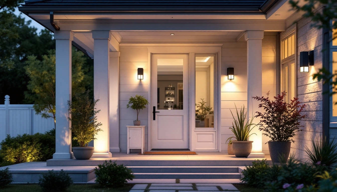 A photograph of a beautifully designed exterior porch illuminated by stylish lighting fixtures