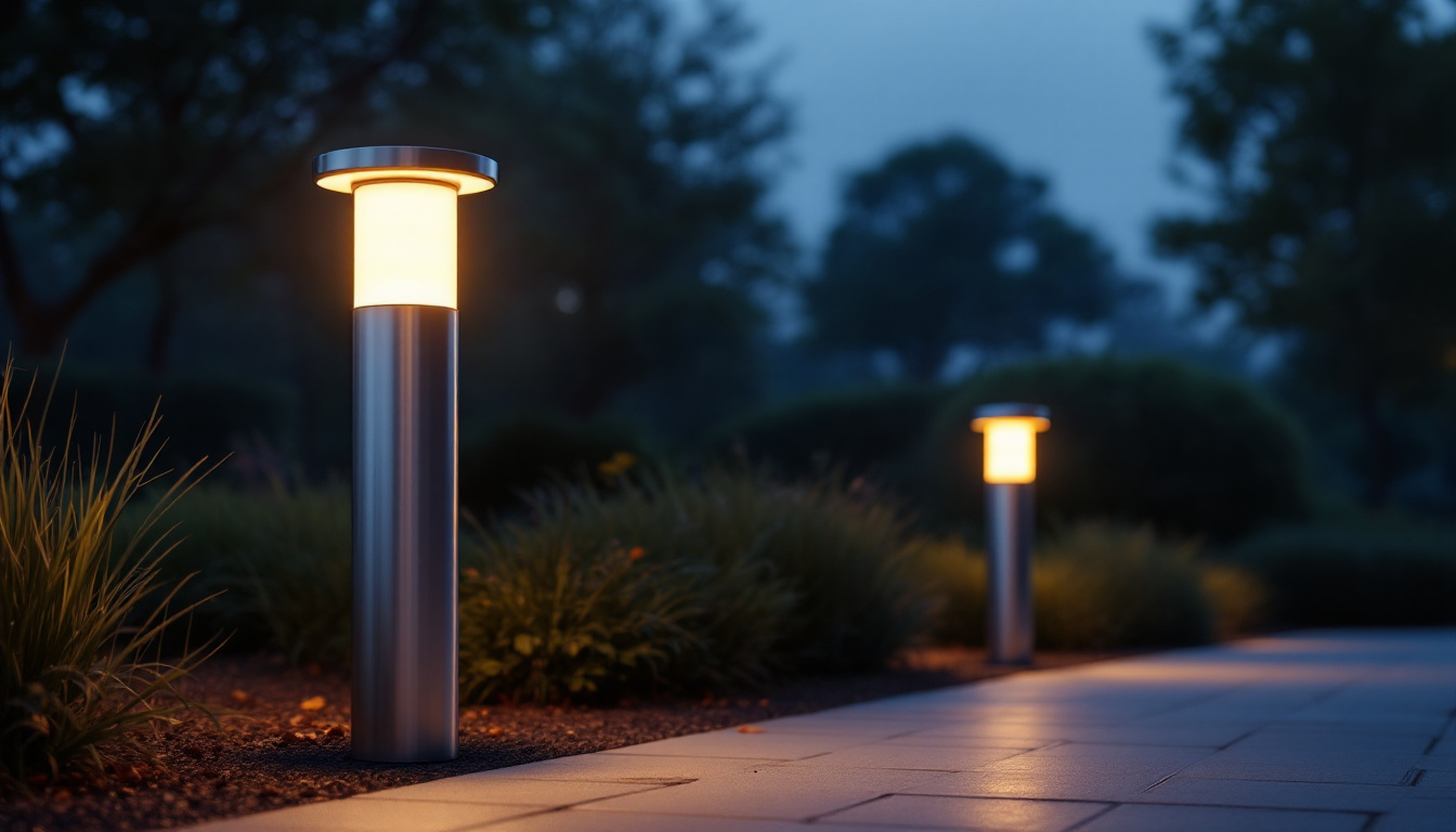 A photograph of a beautifully designed lighting bollard in an outdoor setting