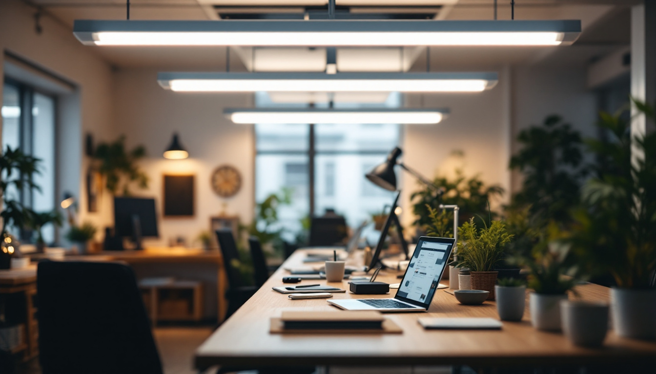 A photograph of a well-lit workspace featuring t8 fluorescent lights in action