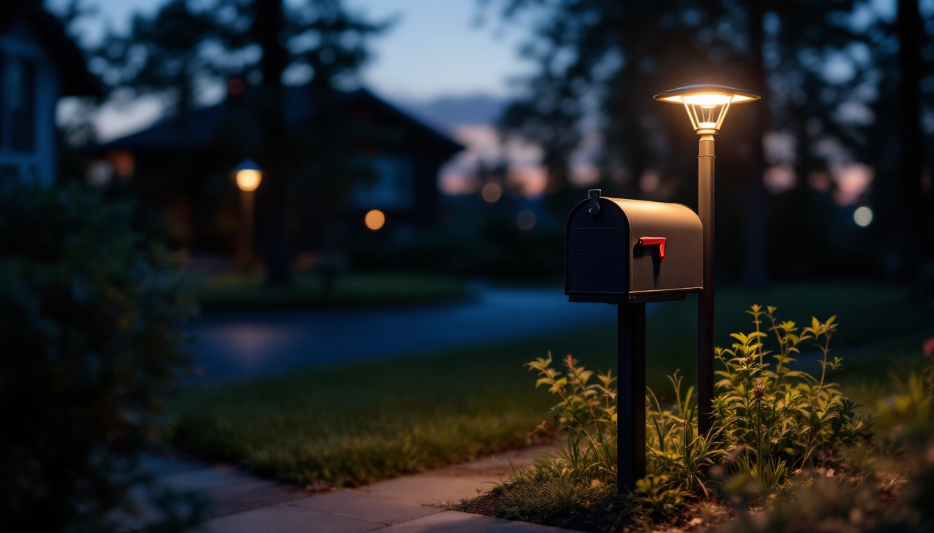 A photograph of a beautifully designed mailbox illuminated by a solar light post during twilight