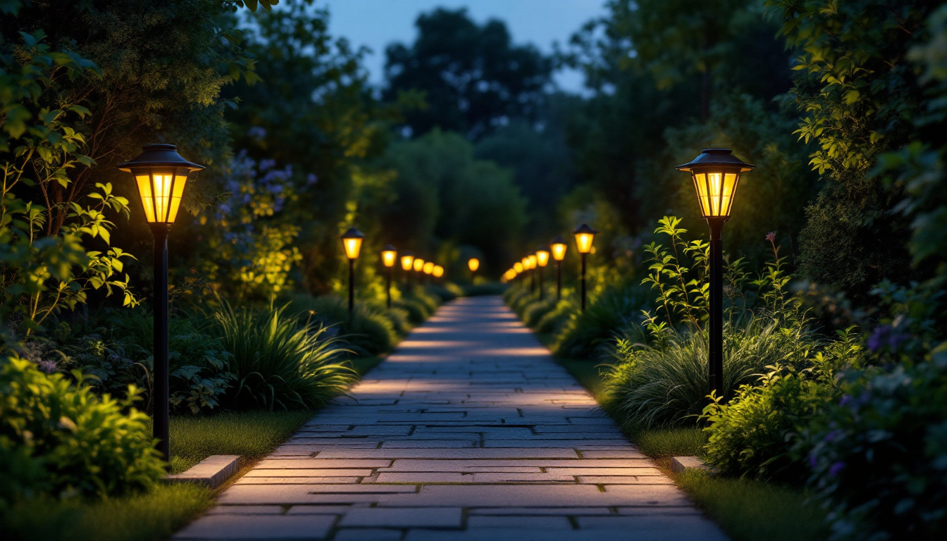 A photograph of a beautifully illuminated garden pathway at dusk