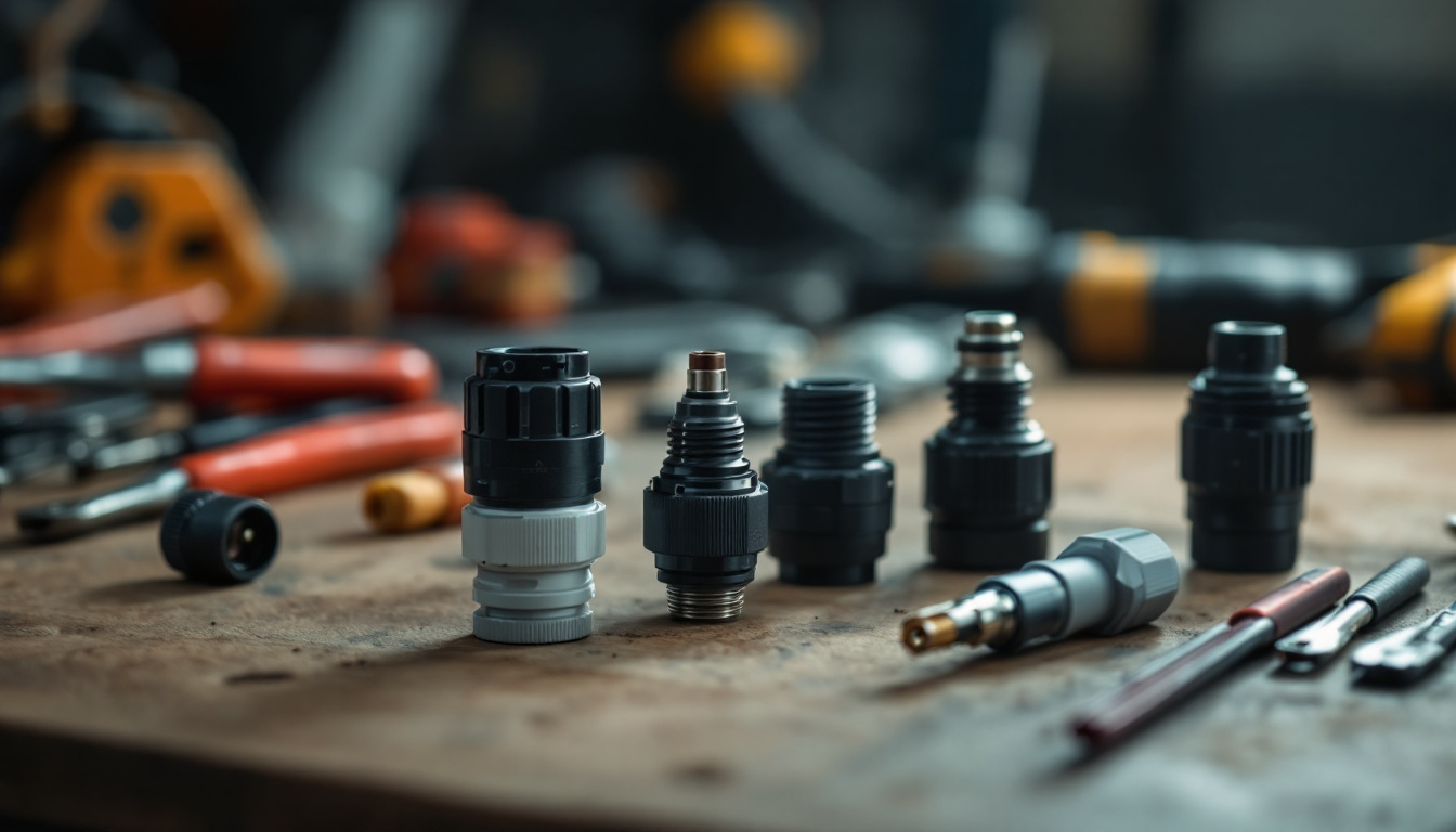 A photograph of a close-up shot of various waterproof wire connectors arranged on a workbench
