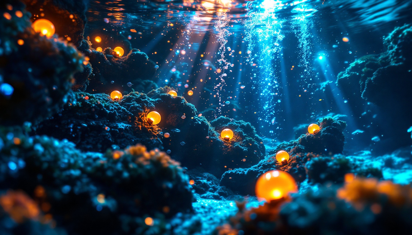 A photograph of a beautifully illuminated underwater scene featuring solar-powered lights