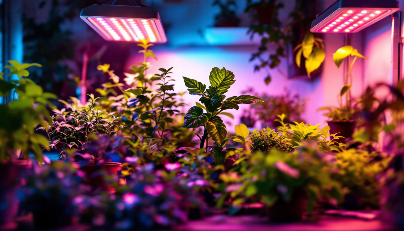 A photograph of a well-lit indoor gardening setup featuring various plants illuminated by vibrant