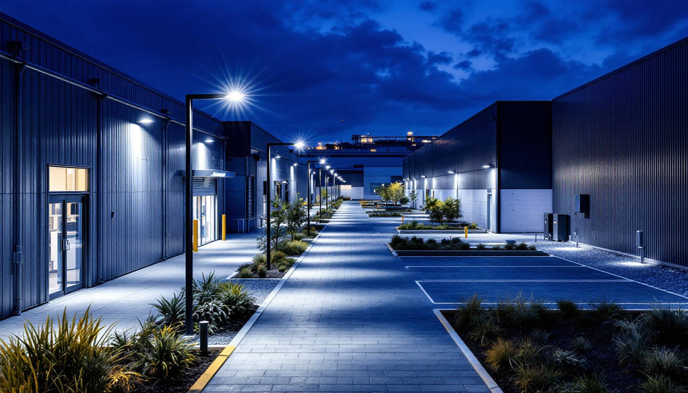 A photograph of a well-lit industrial and commercial outdoor space at dusk