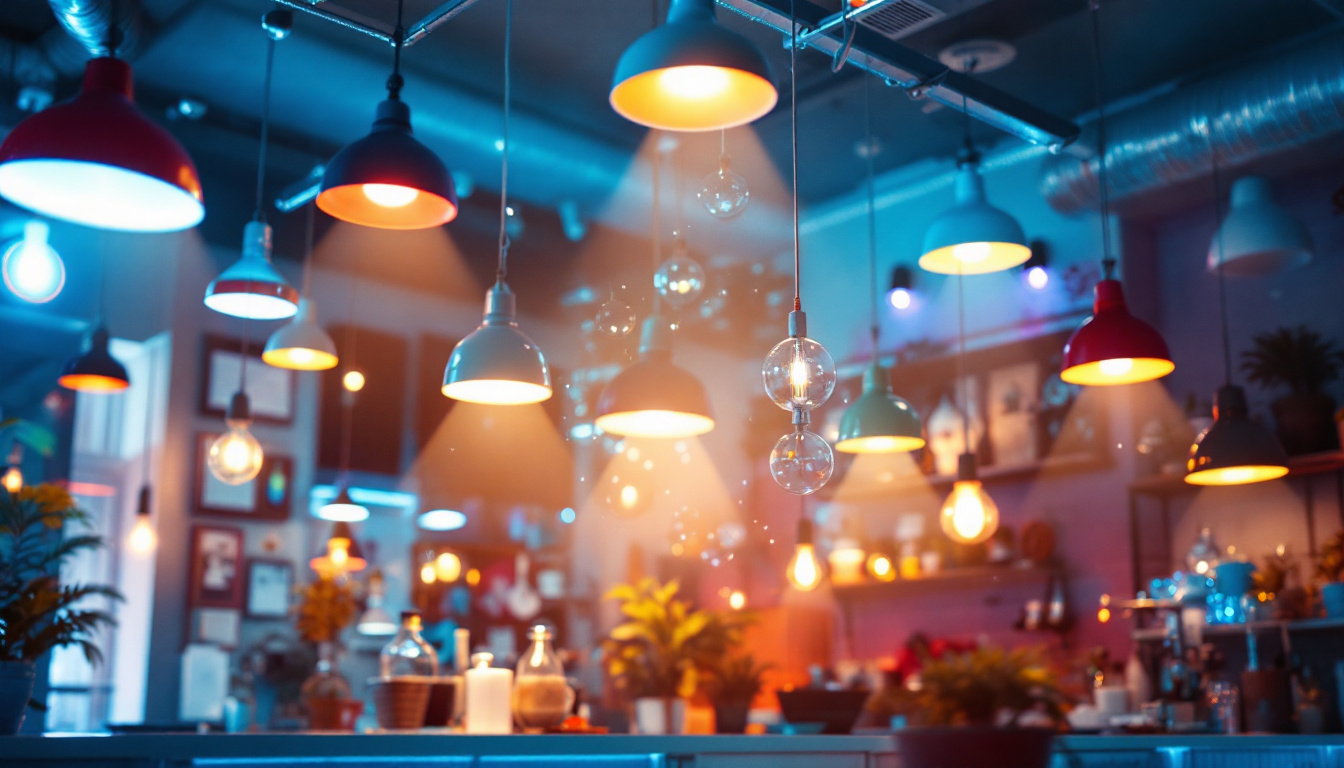 A photograph of a vibrant commercial space illuminated by various styles of led lights