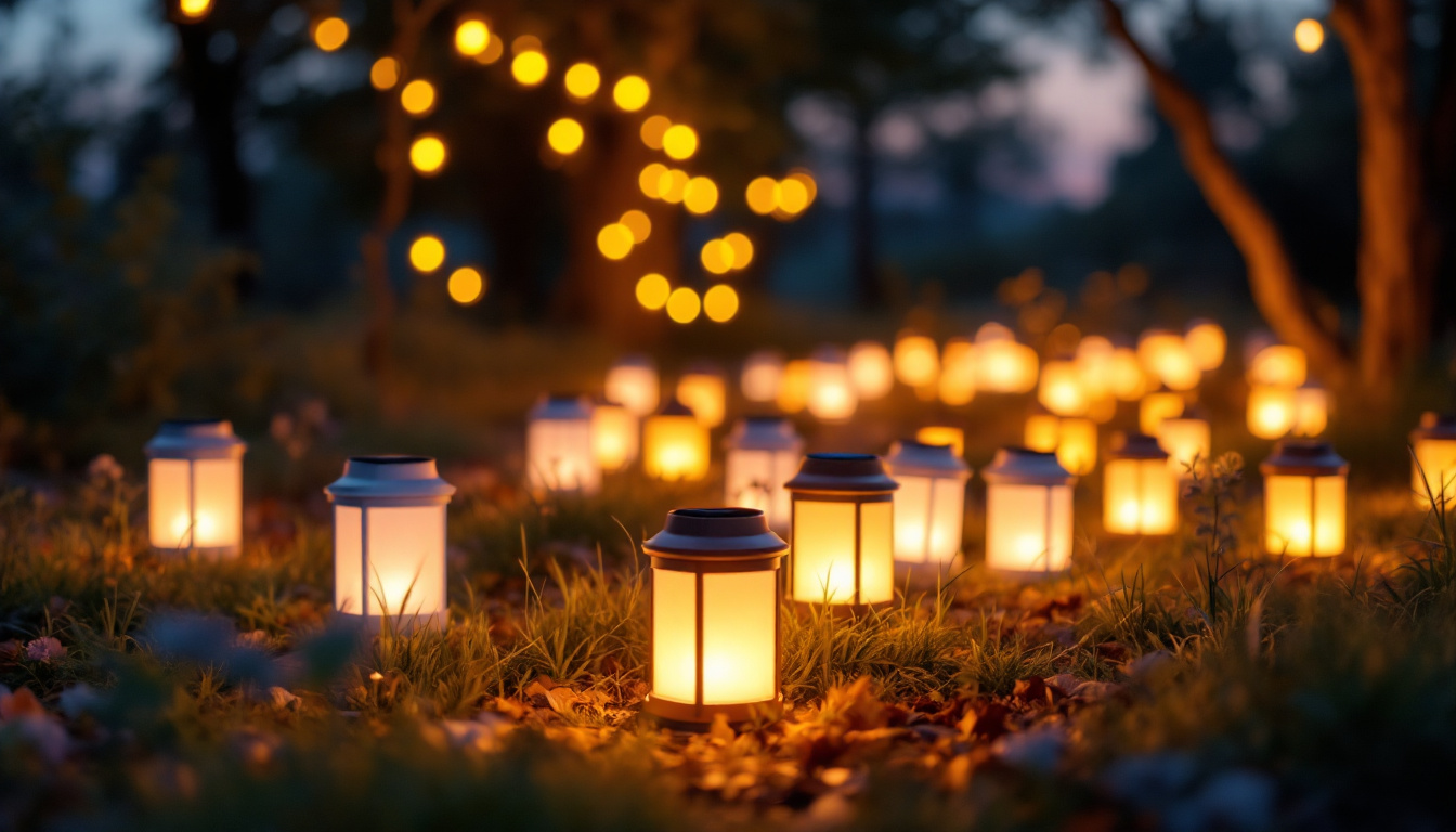 A photograph of a beautifully arranged display of solar lanterns in a natural outdoor setting during twilight