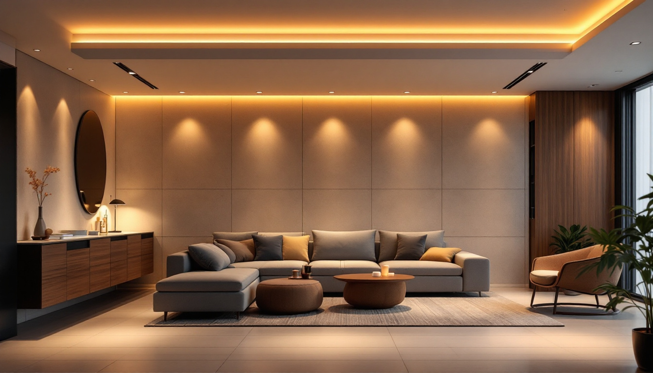 A photograph of a stylish interior space featuring flush mount recessed lighting