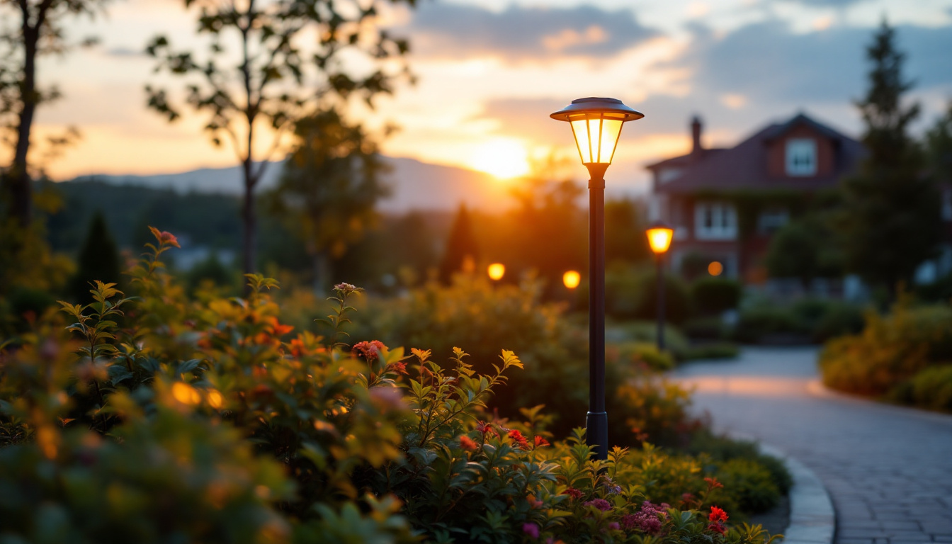 A photograph of a solar lamp post in a beautifully landscaped outdoor setting during the golden hour