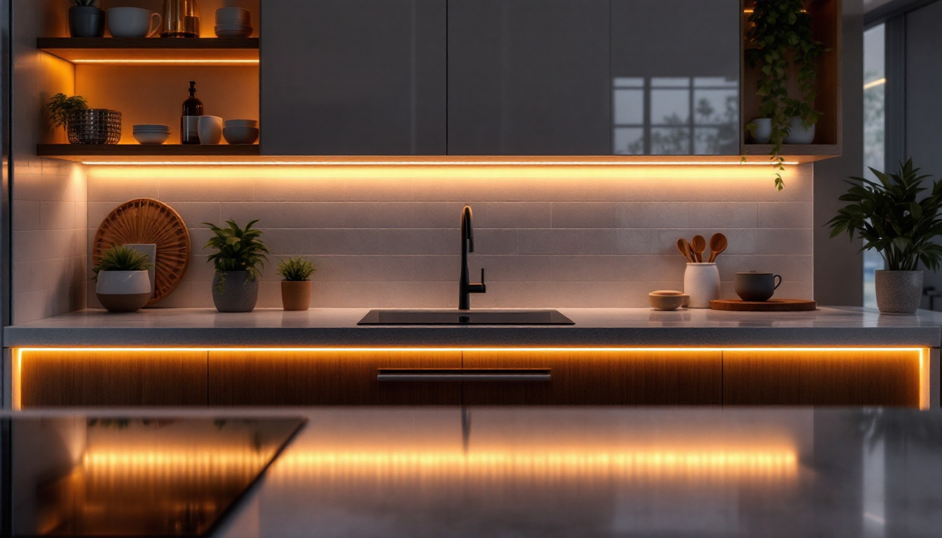A photograph of a beautifully designed kitchen or workspace featuring warm