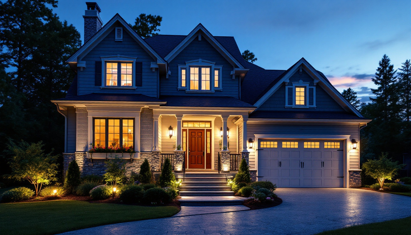 A photograph of a beautifully illuminated house exterior at dusk
