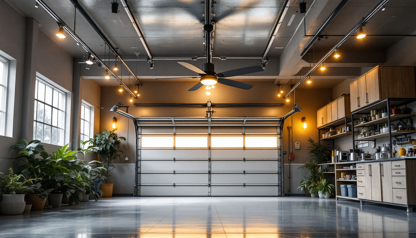 A photograph of a spacious garage featuring a large ceiling fan in action