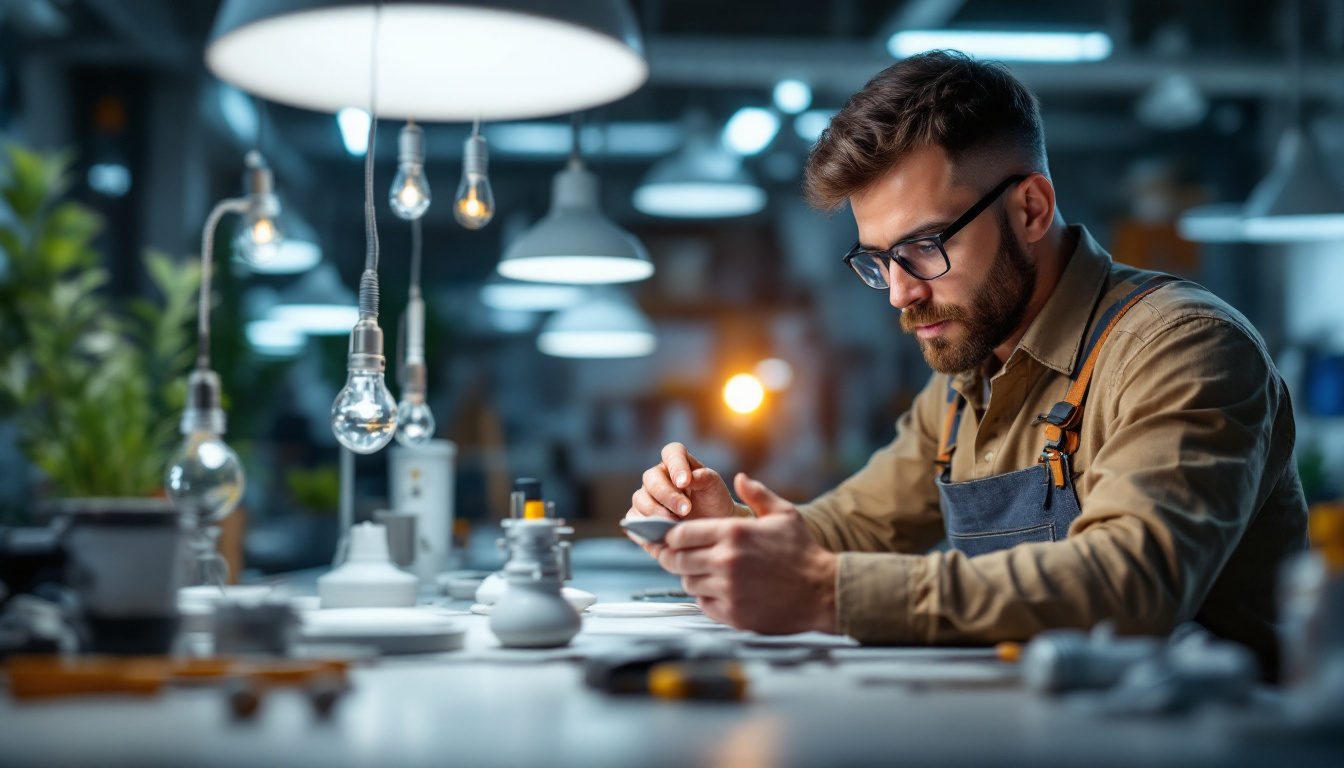 A photograph of a well-lit workspace featuring an electrical engineer examining various closeout light fixtures