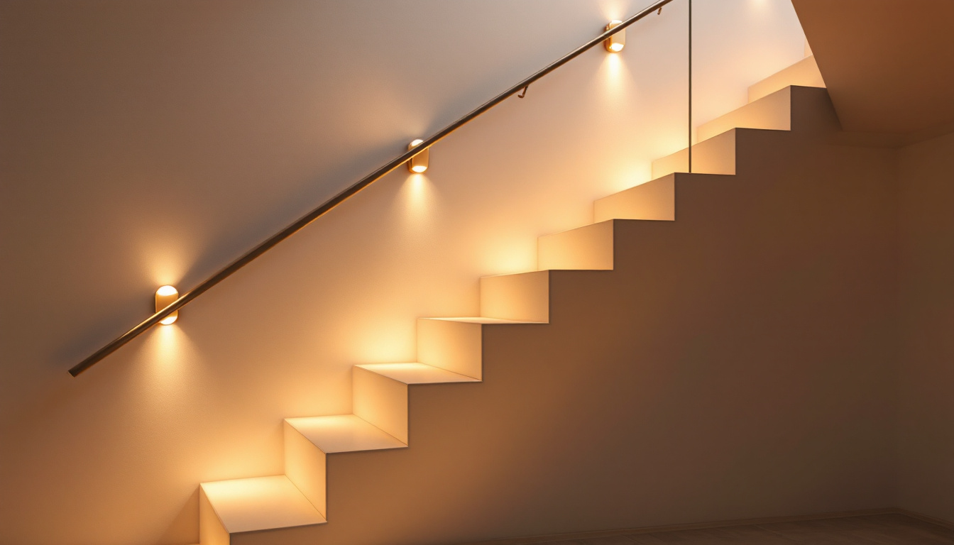 A photograph of a beautifully lit staircase featuring stylish wall stair lights