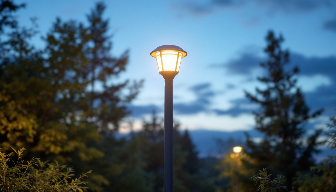 A photograph of capture a photograph of a beautifully illuminated solar led lamp post in an outdoor setting during dusk