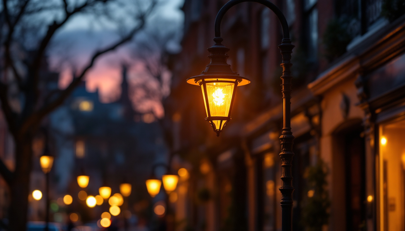 A photograph of a vintage gas street light illuminating a charming urban street at dusk