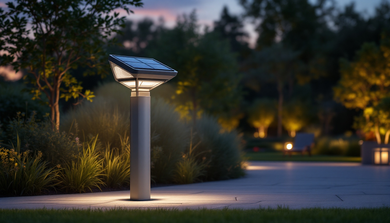 A photograph of a solar area light illuminating a well-designed outdoor space at dusk