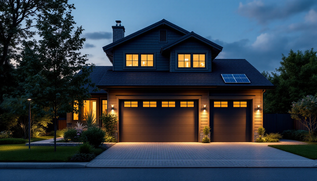A photograph of a well-lit garage exterior featuring various outdoor solar lights in use