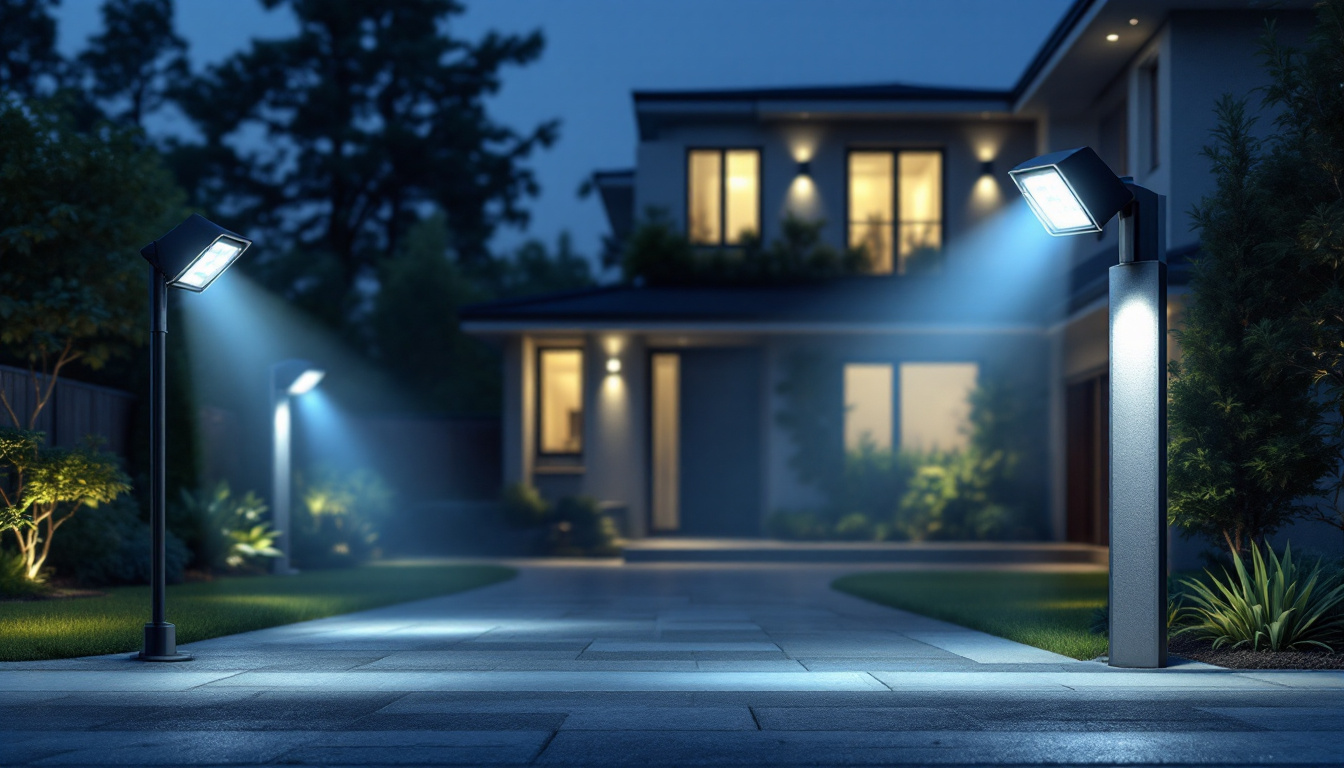 A photograph of a well-lit outdoor area showcasing various types of security lights in action