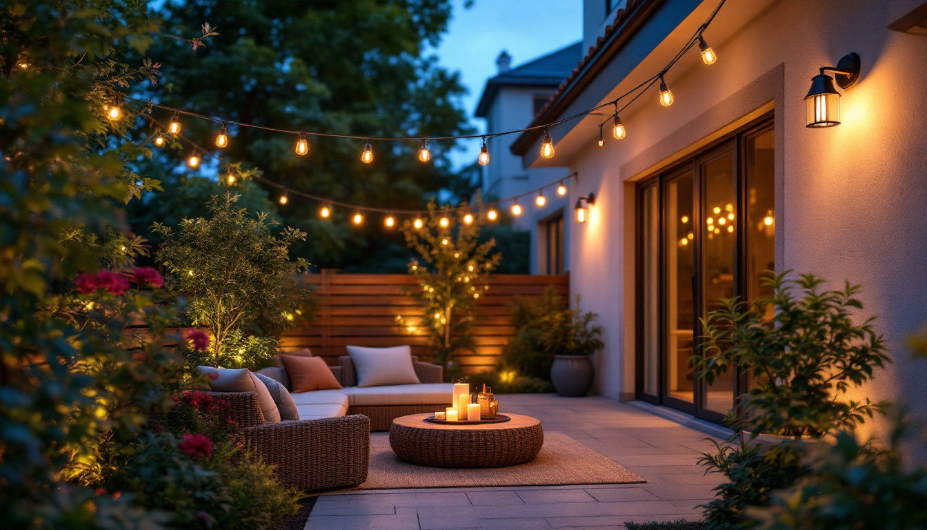 A photograph of a beautifully illuminated outdoor space featuring various types of home lighting fixtures