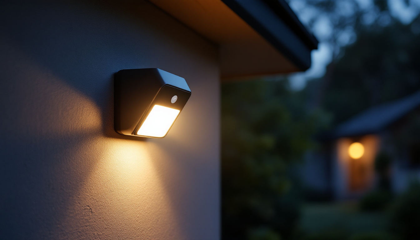 A photograph of a motion-sensing outdoor security light installed in a residential setting