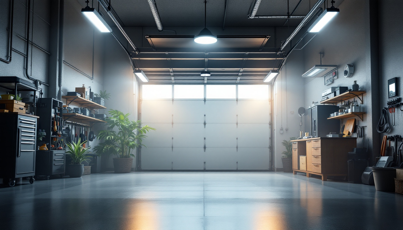 A photograph of a well-lit garage showcasing various led lighting fixtures