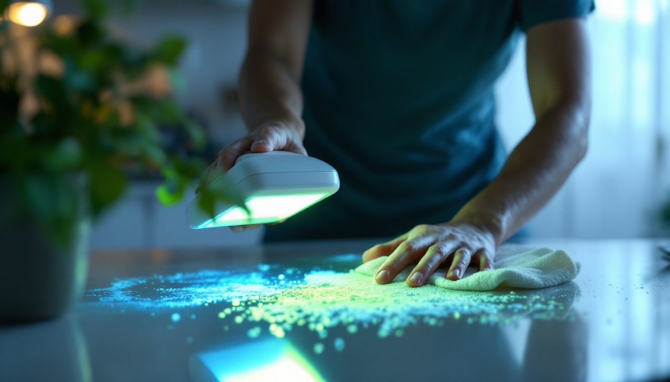 A photograph of a person using a uv light device to clean a surface in a home setting