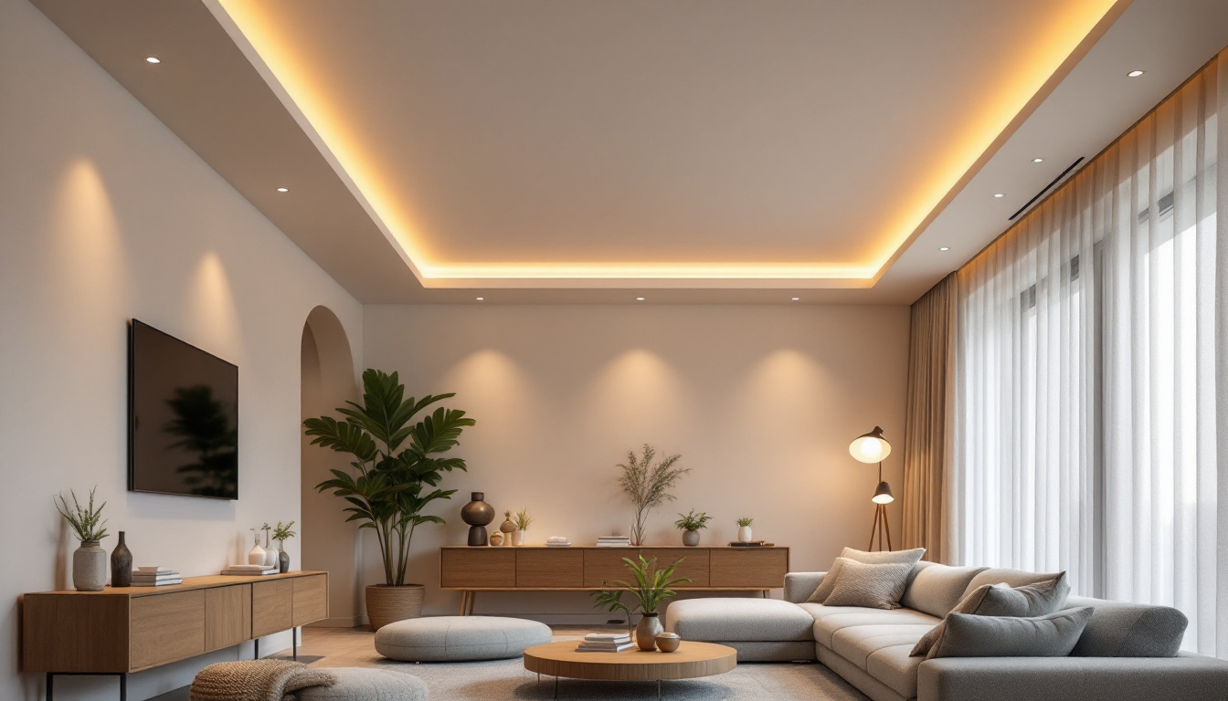 A photograph of a modern living space featuring sleek retrofit led recessed lights installed in the ceiling