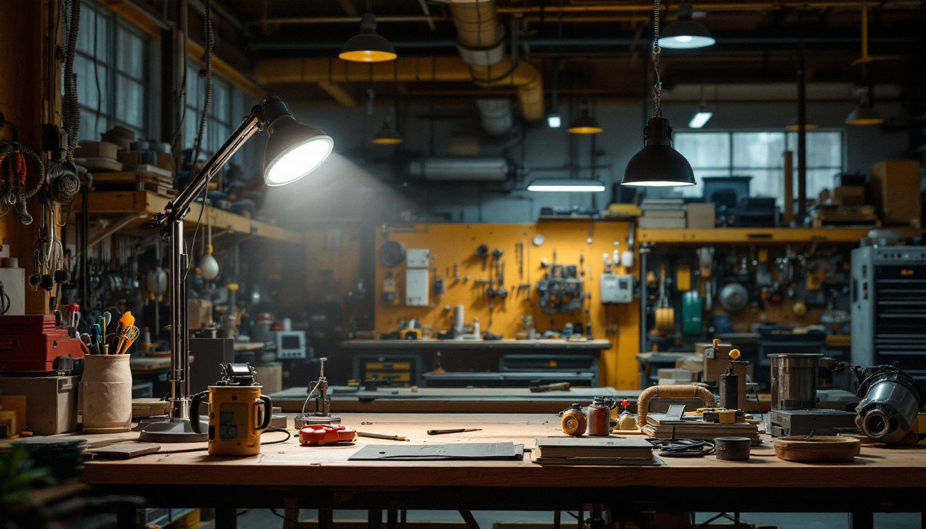 A photograph of a well-lit workshop or engineering workspace showcasing a 2 ft led shop light in use