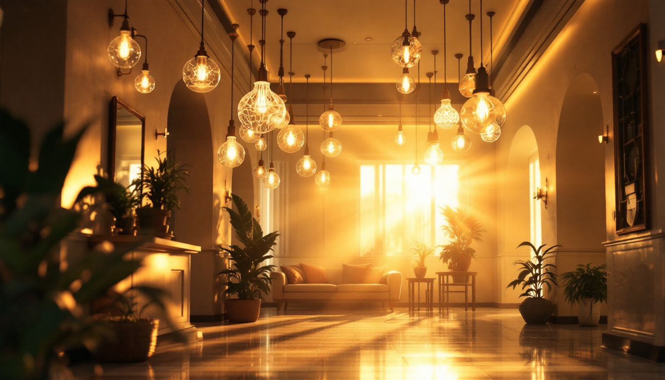 A photograph of a well-lit hotel lobby showcasing a variety of lighting fixtures