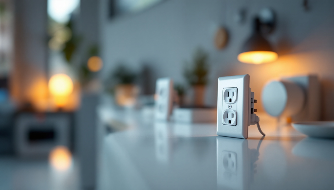 A photograph of a close-up of various electrical outlets and receptacles installed in a modern setting