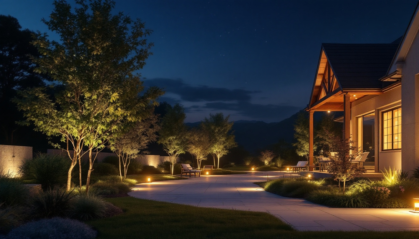 A photograph of a beautifully illuminated outdoor space featuring automatic lights in action