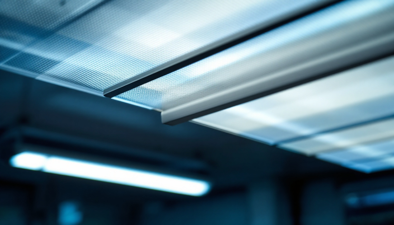 A photograph of a close-up view of a fluorescent light fixture with a baffle installed