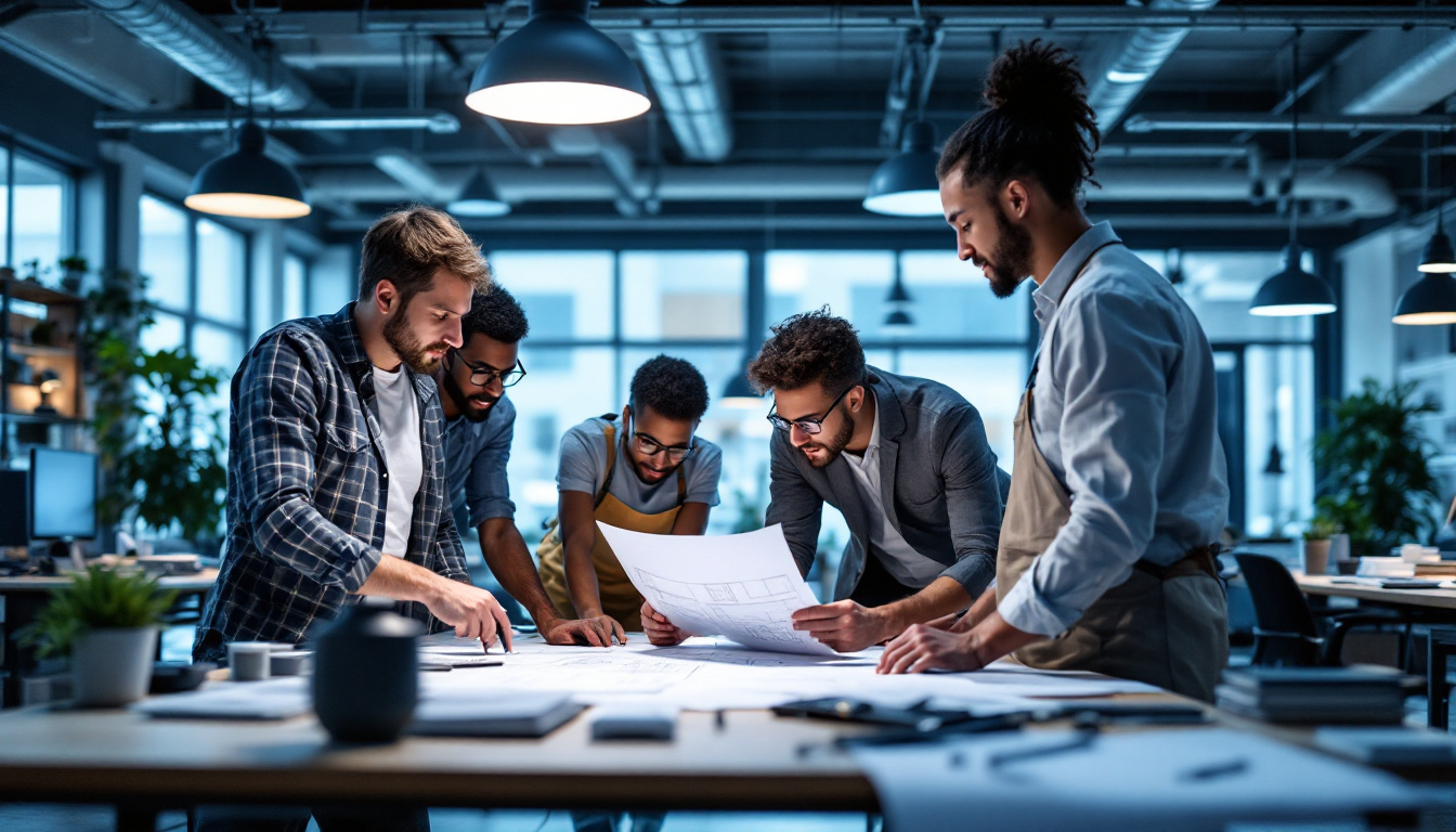 A photograph of a well-lit engineering workspace featuring a diverse group of engineers collaborating over lighting design plans